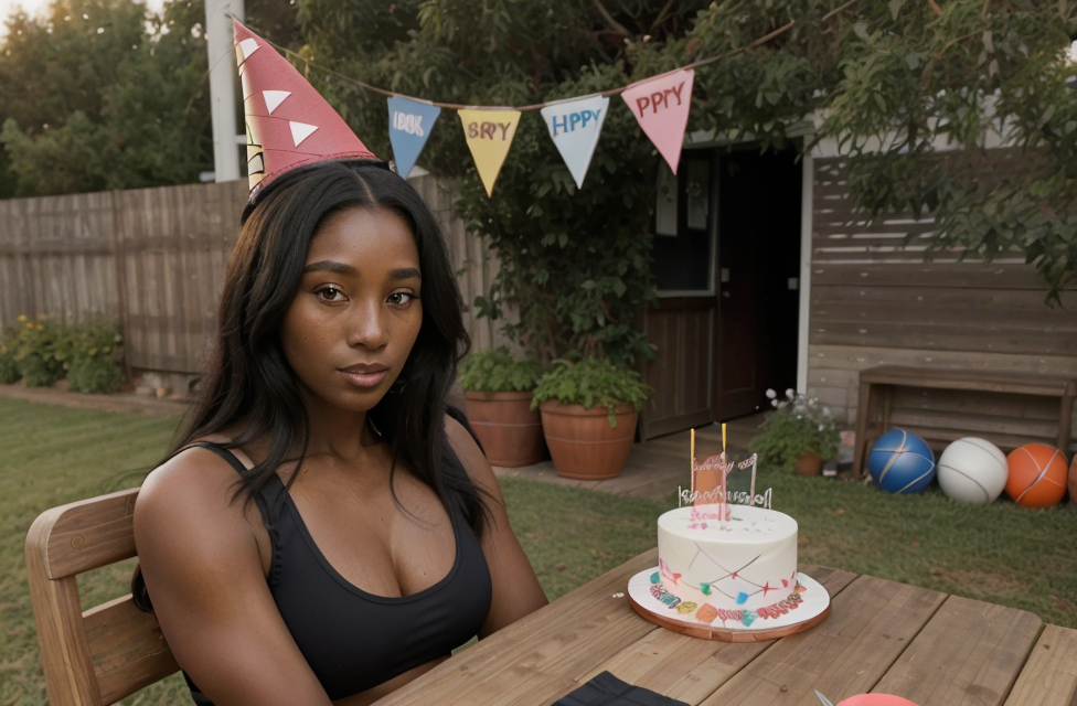 00214-3498436463-1 mature woman wearing  sports bra and wearing a birthday party hat _1.4, looking at viewer, very dark skin, black hair_1.3, det.png